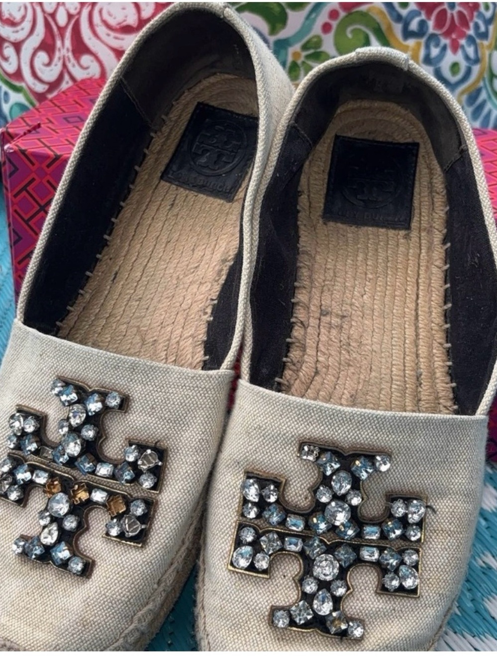 Tory Burch Crystal Logo Beige Canvas Espadrille Flats